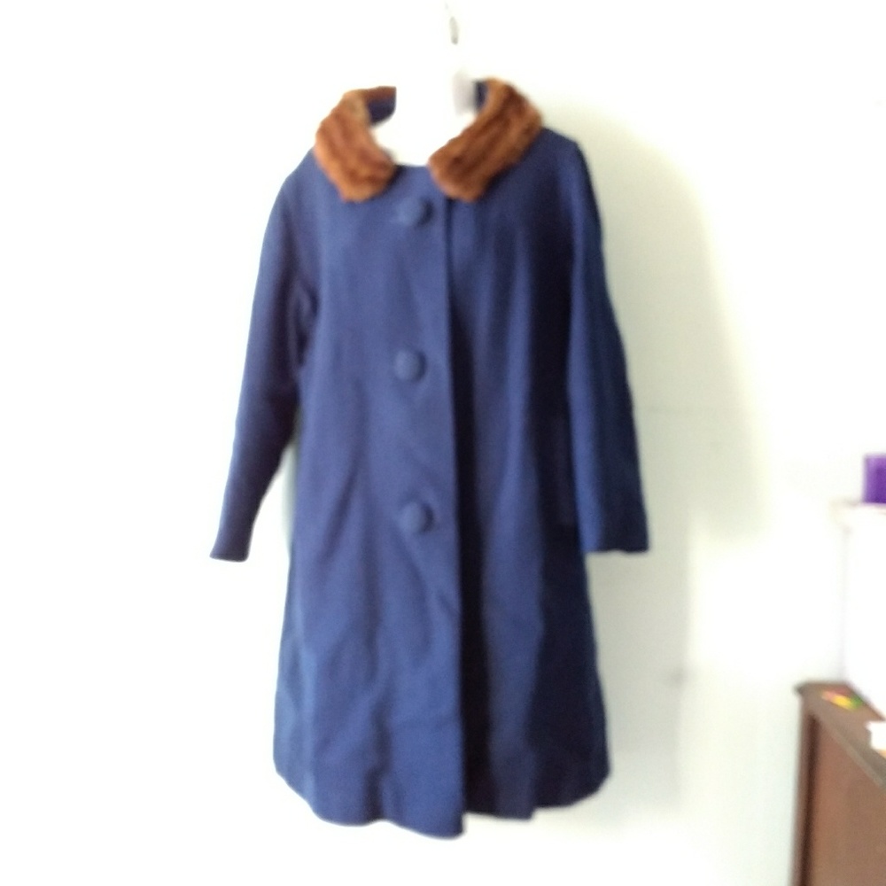 Mid Century Retro Mink Collar  Blue Wool Coat